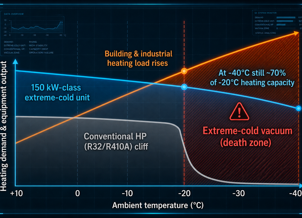 Heating load vs heat pump output from +10 °C to −40 °C ambient: conventional R32/R410A cliff vs 150 kW-class extreme-cold unit.