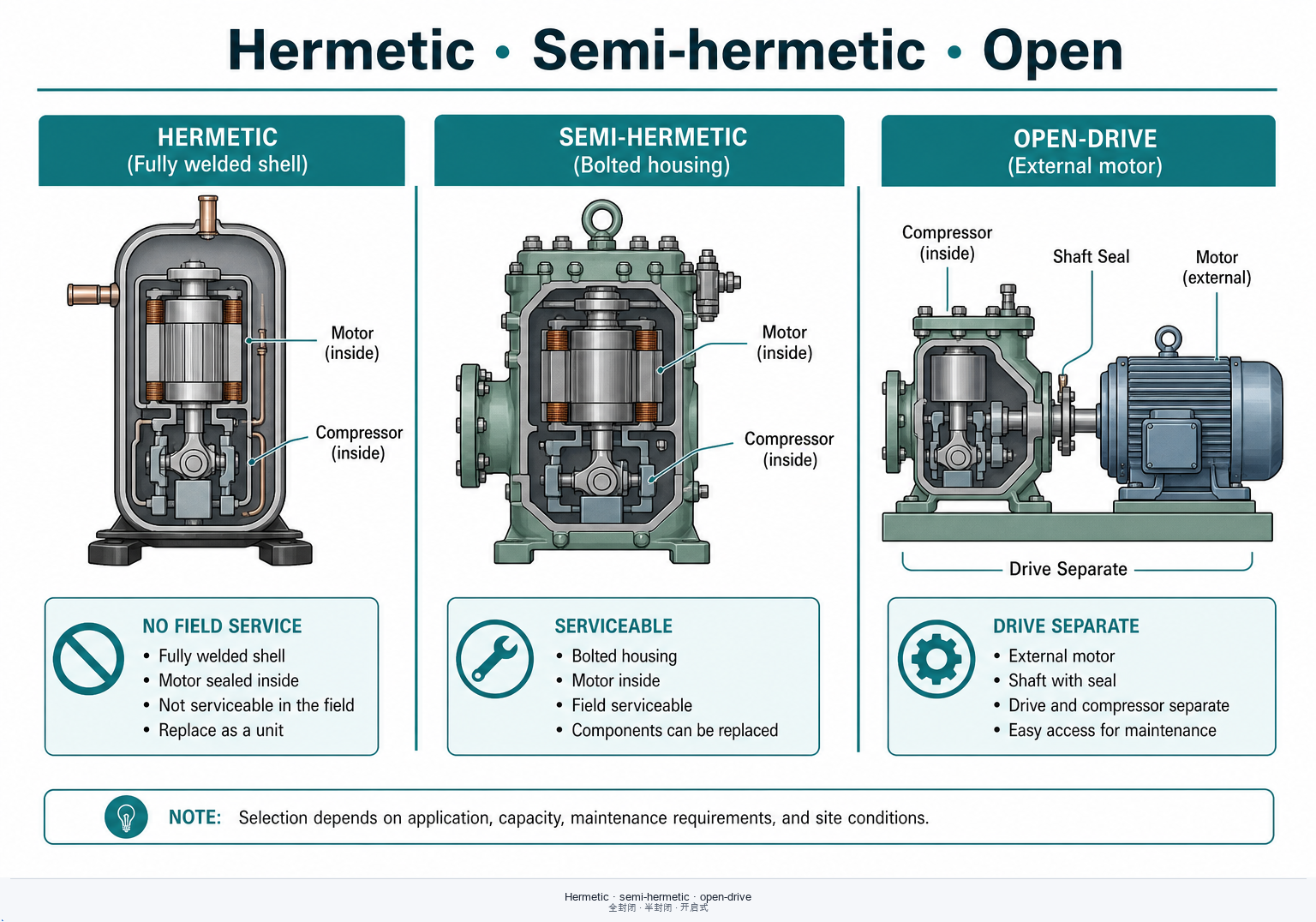 Hermetic, semi-hermetic, and open-drive