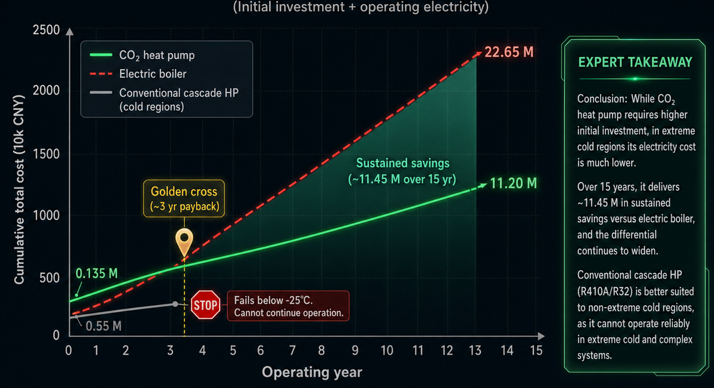 Cumulative 15-year cost curves for CO₂ heat pump, electric boiler, and conventional cascade heat pump in extreme cold.