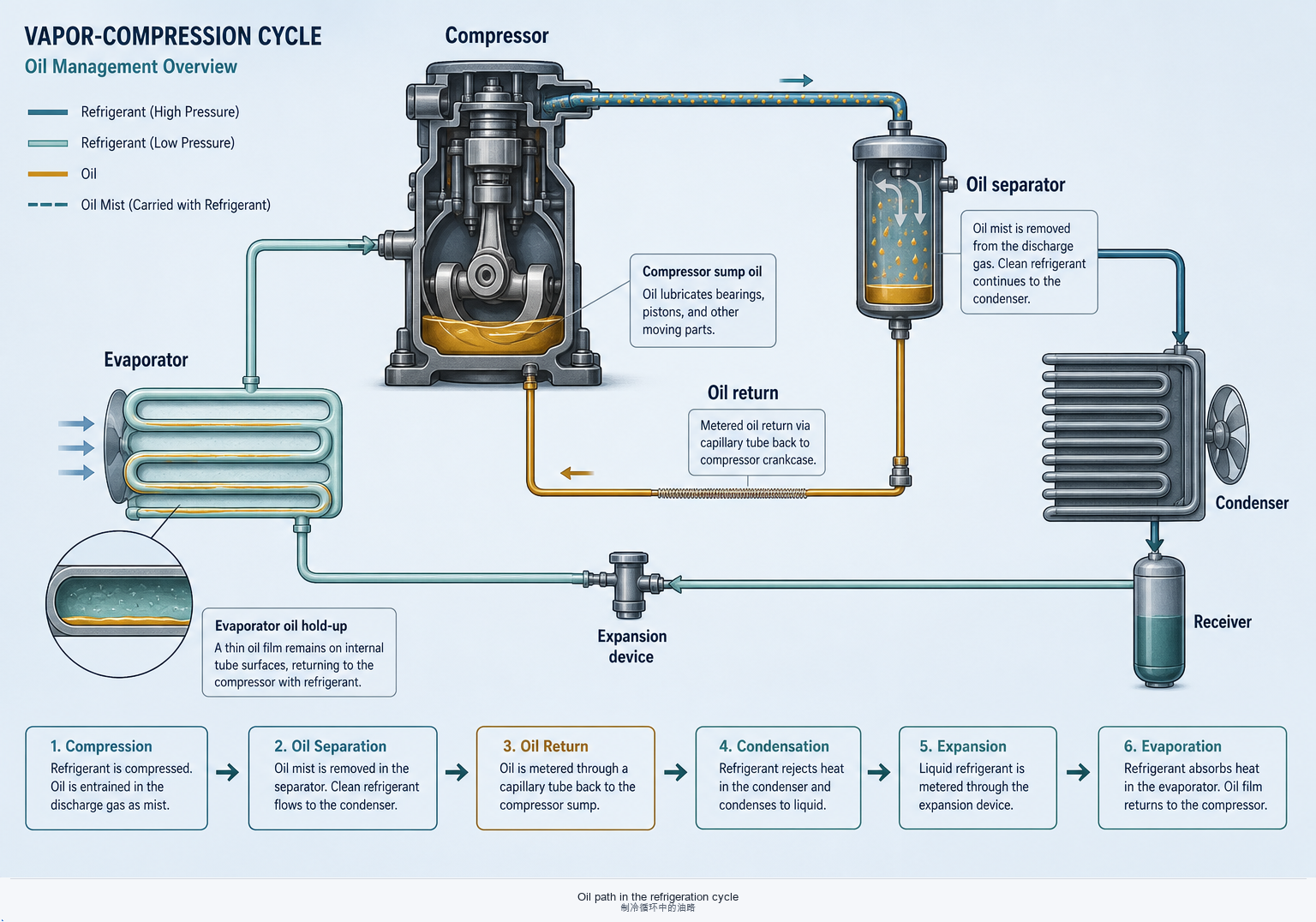 Oil path through compressor, separator, and evaporator