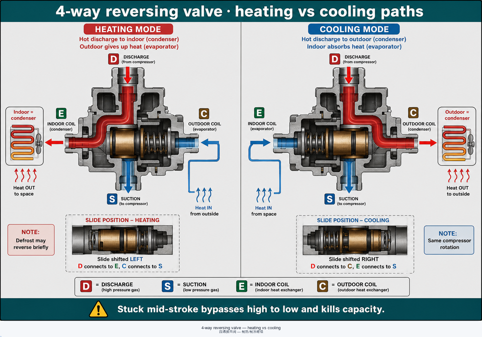 Four-way reversing valve modes