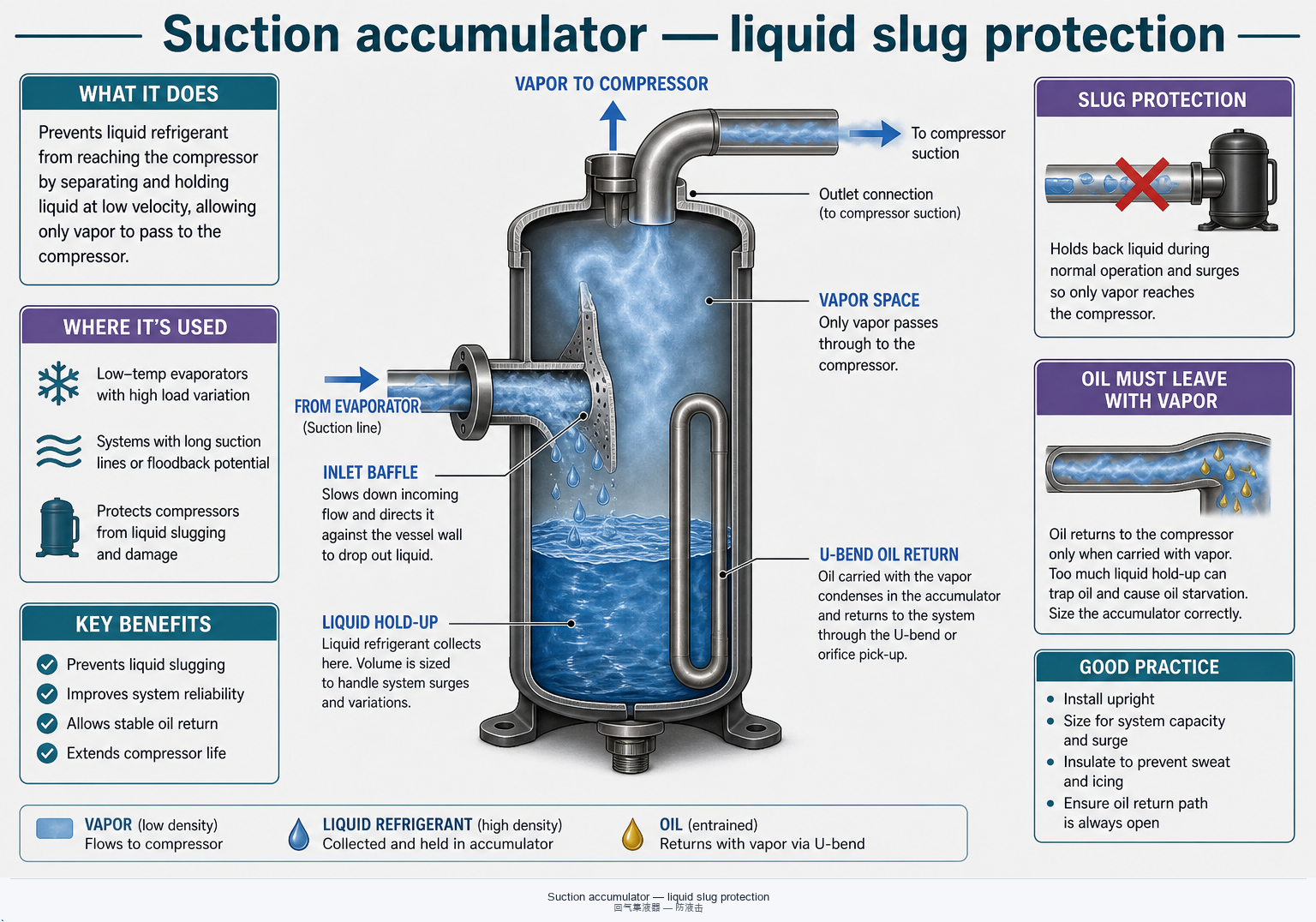 Suction accumulator with U-bend oil return
