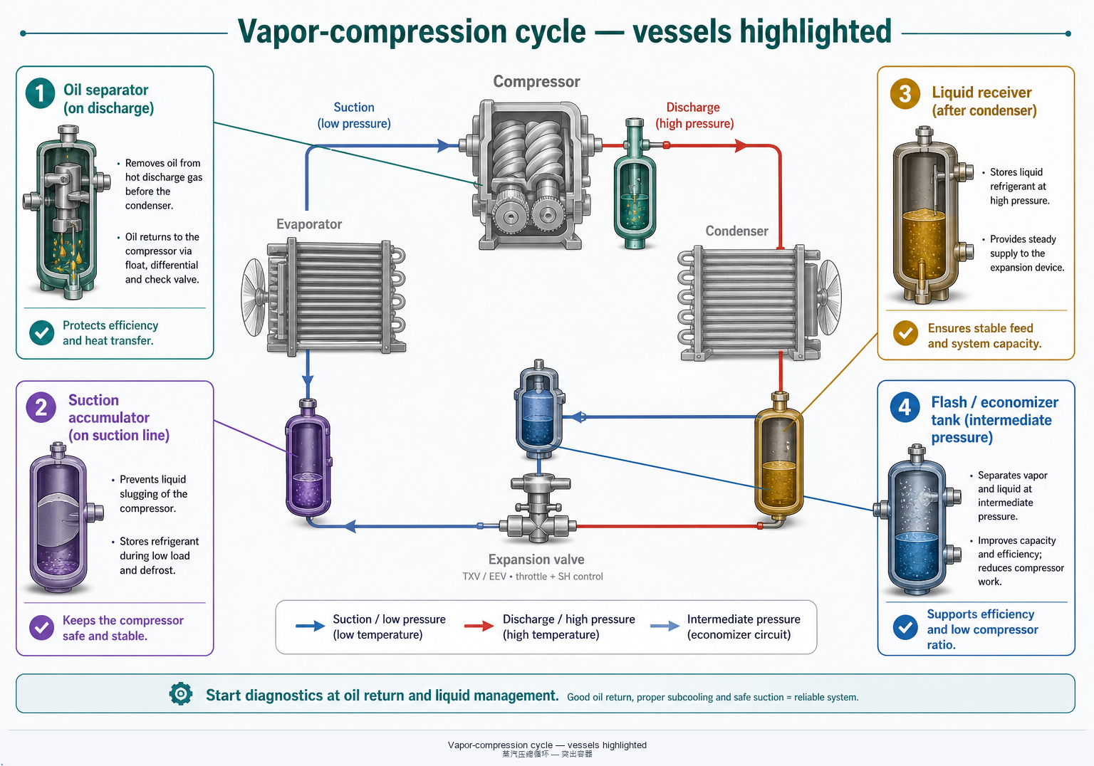 Vapor-compression cycle with vessels highlighted
